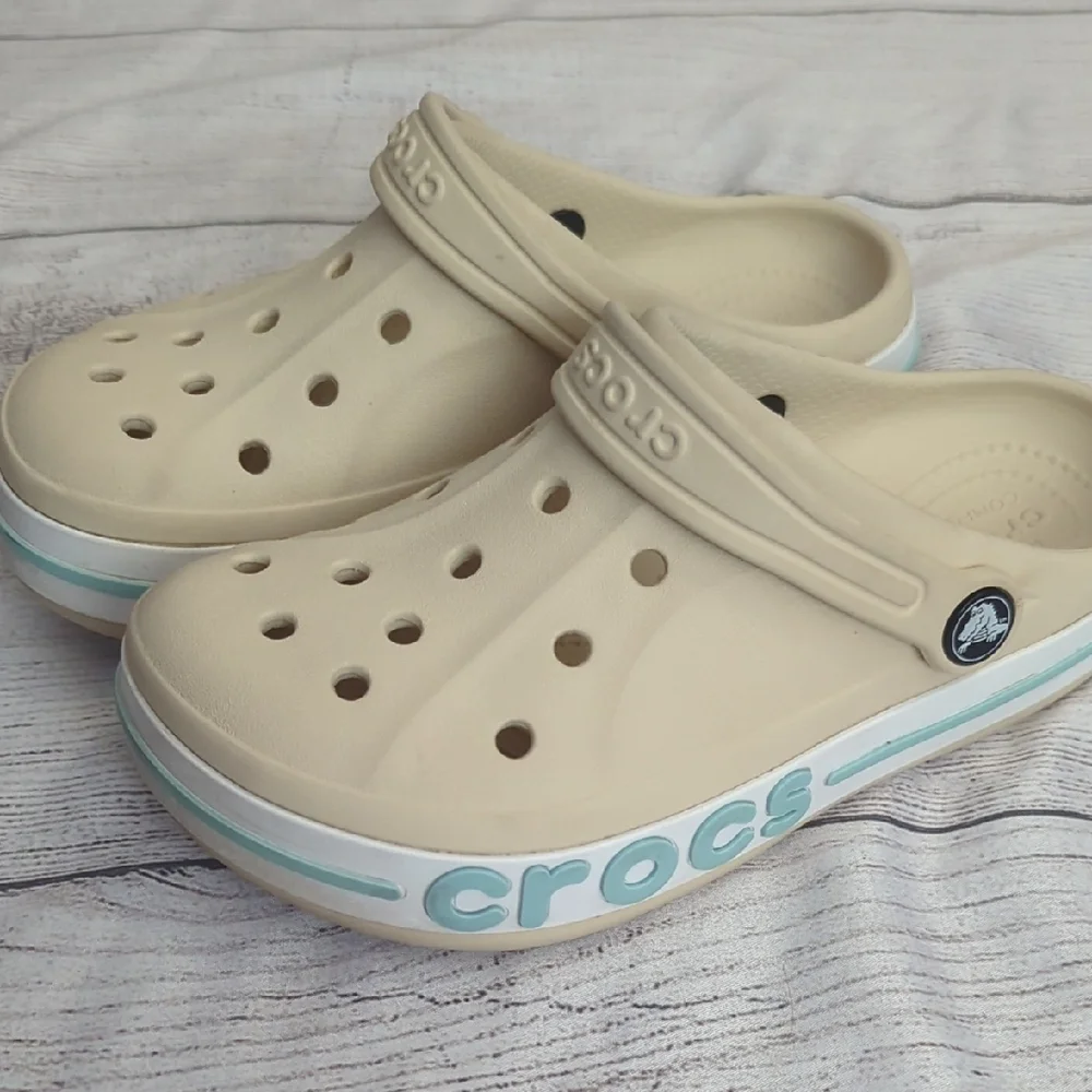 CROCS Kids Classic Clog in Cream with Light Blue Trim